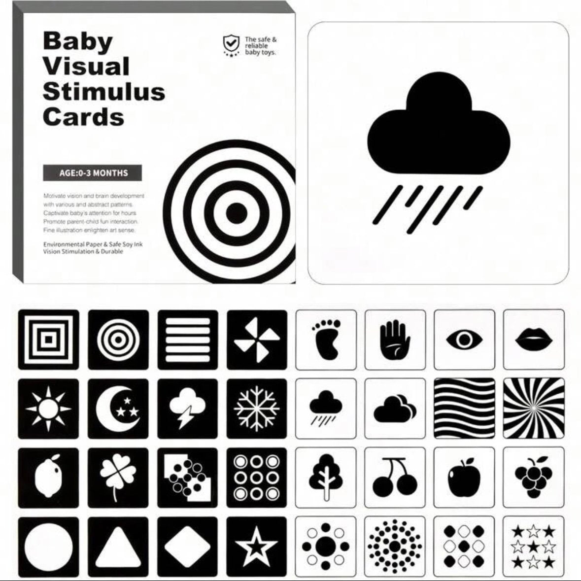 Black & White Contrast Cards – Montessori Baby Visual Set (16 pcs) - from Open Hand Learning - Busy Bag Toddler Activity