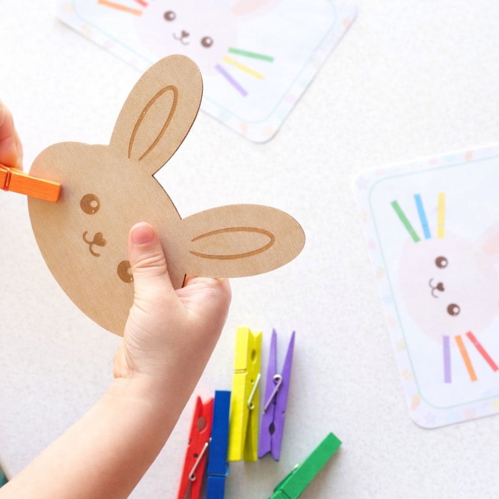 Child's hand holding a wooden bunny with colorful clothespins on a white background