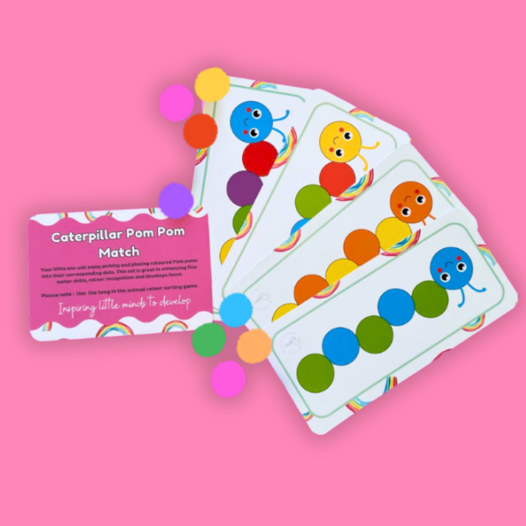 Educational card game with colorful caterpillar and pom-pom design on a pink background