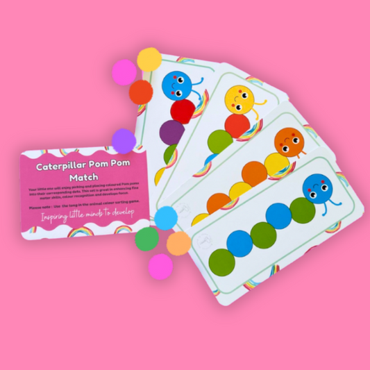 Educational card game with colorful caterpillar and pom-pom design on a pink background