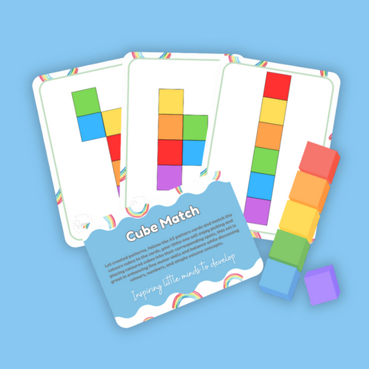 Colorful educational cards with matching cubes on a blue background