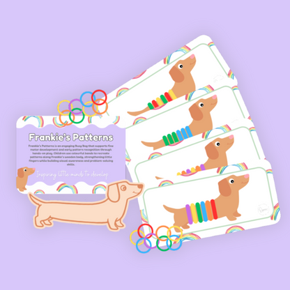 Educational card game with dachshund illustrations on a purple background