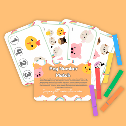 Educational game with peg number match cards and colorful pegs on a peach background