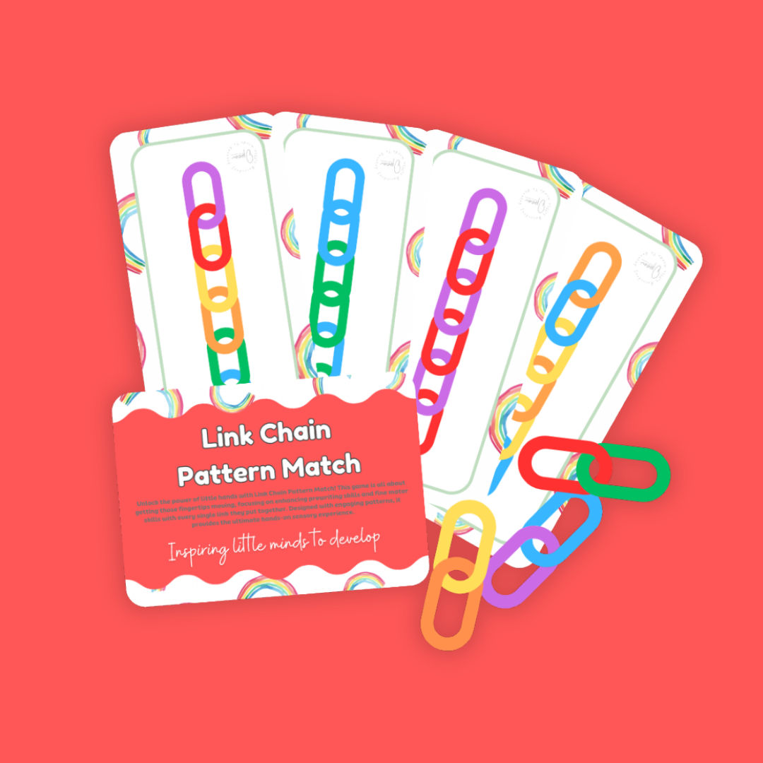 Colorful link chain pattern match game cards on a red background