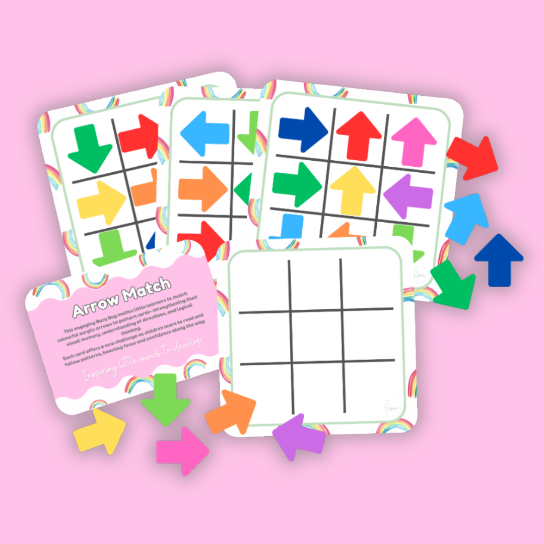 Colorful arrow matching game cards on a pink background