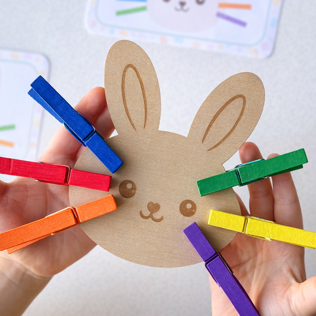 Colorful clothespins attached to a bunny-shaped wooden board held by a hand.