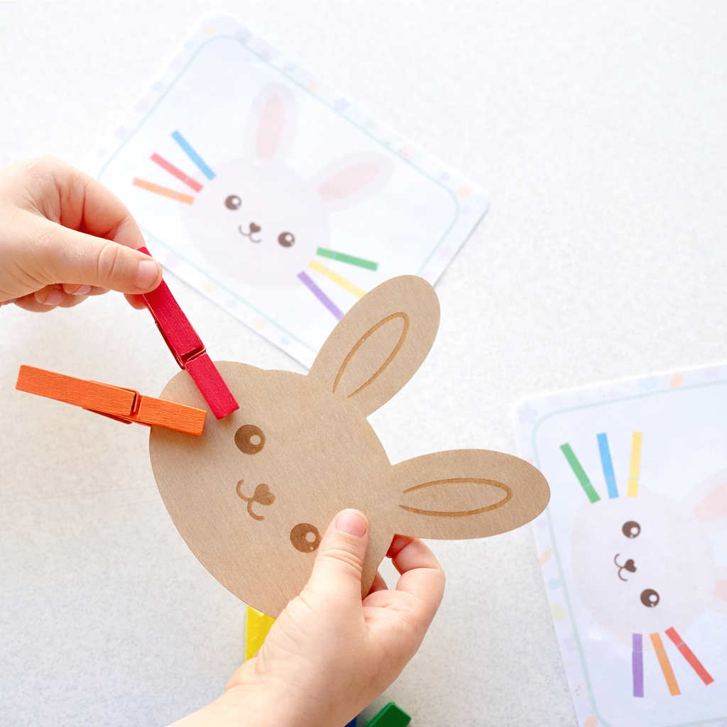 Child's hands holding a cardboard bunny with clothespins on a light background