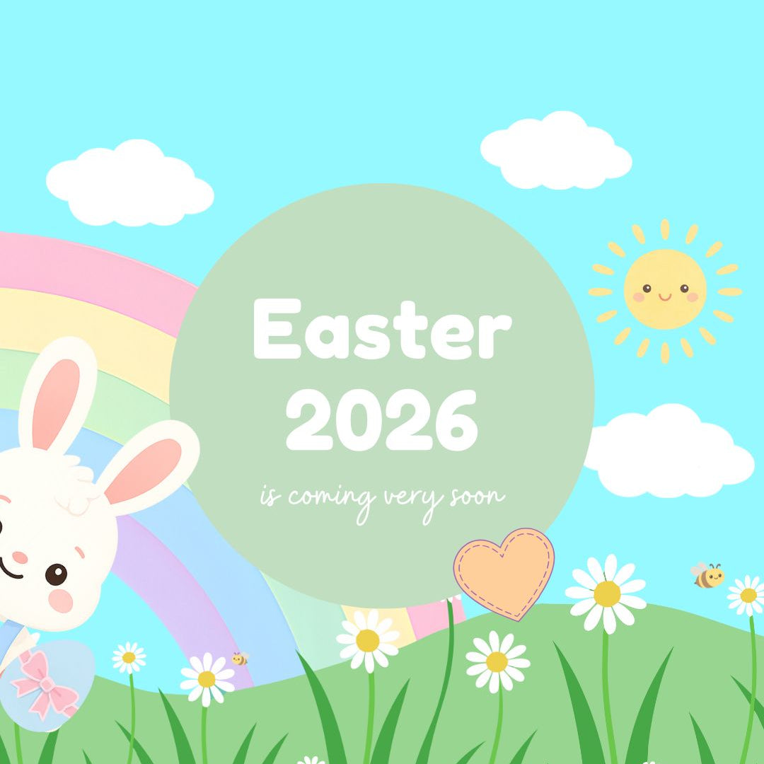 Easter-themed design with a bunny, rainbow, and sun on a blue background.